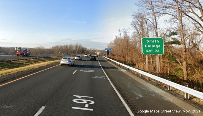 Image of auxiliary sign for US 5 exit with new milepost based exit number on I-91 North in Northampton, Google Maps Street View image, November 2021