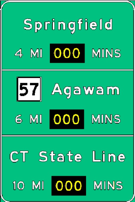 Sketch of planned RTT sign along I-91 South in W. Springfield, from MassDOT