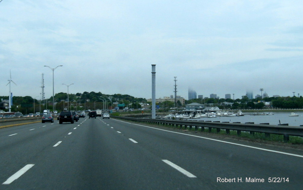 Newly installed support post for I-93 Tunnel 3 Miles Ahead Advisory Sign on I-93 North in Boston
