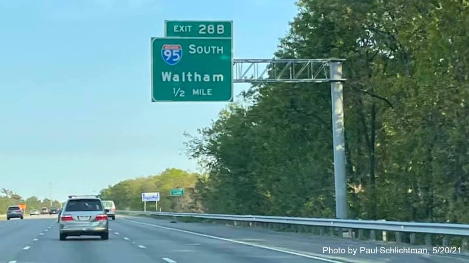 Image of 1/2 mile advance overhead sign for I-95/MA 128 South exit with new milepost based exit number
         on I-93 South in Woburn, by Paul Schlichtman, May 2021