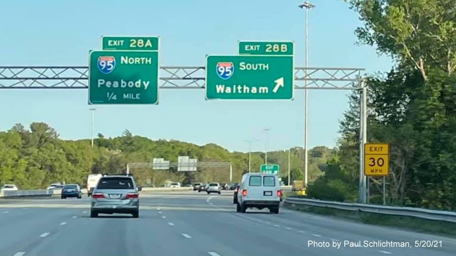 Image of 1 overhead signs at ramp for I-95/MA 128 South exit with new milepost based exit number 
             on I-93 South in Reading, by Paul Schlichtman, May 2021
