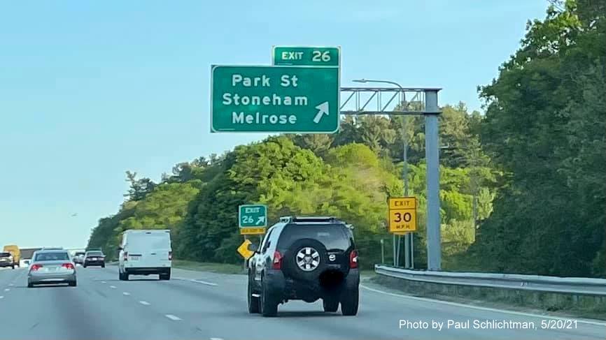 Image of overhead ramp sign for Park Street exit with new milepost based exit number on I-93 South in 
                                            Stoneham, by Paul Schlichtman, May 2021