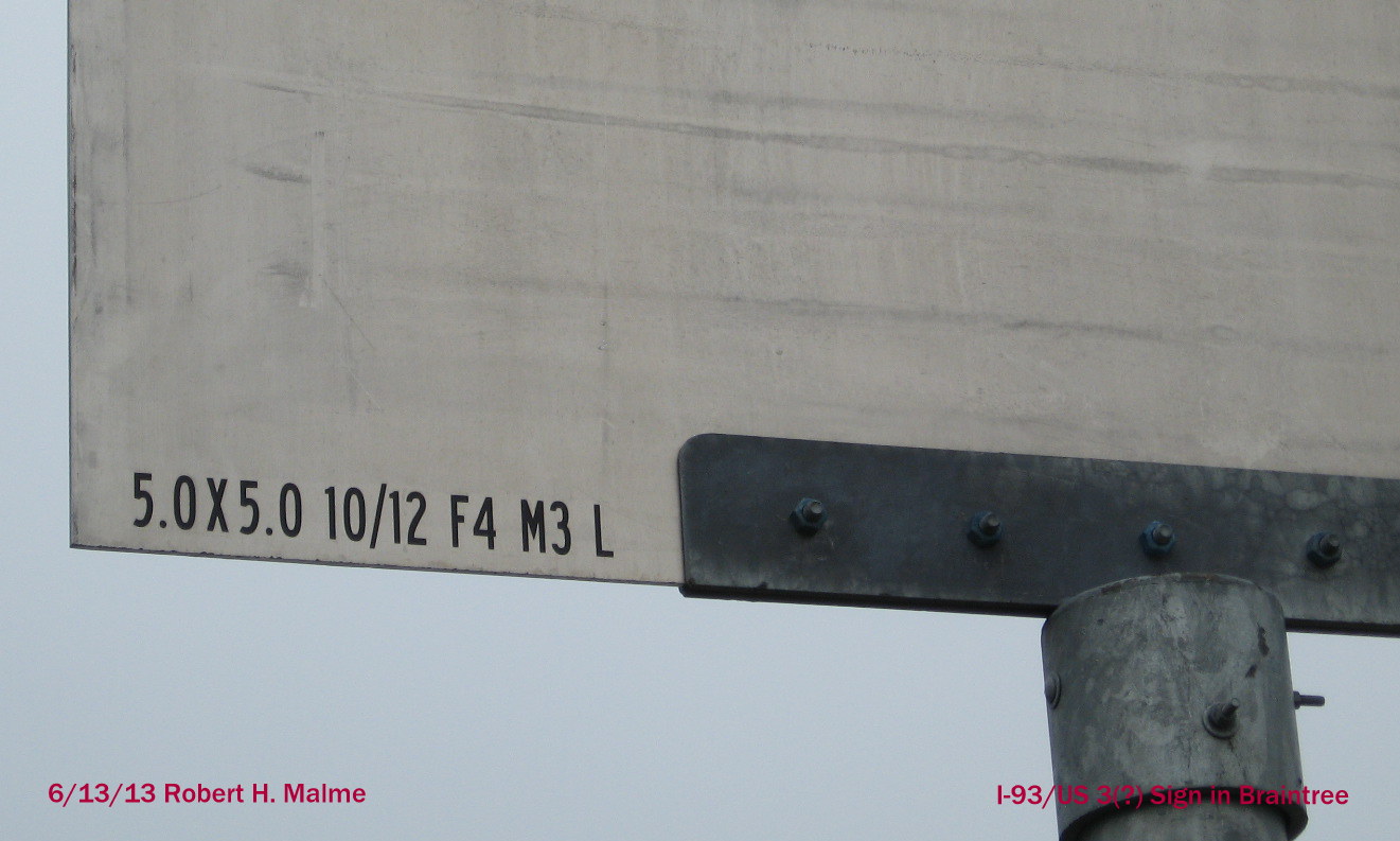 Back of 1st of 2 I-93/US 3 Guide Signs on Forbes Rd in Braintree.