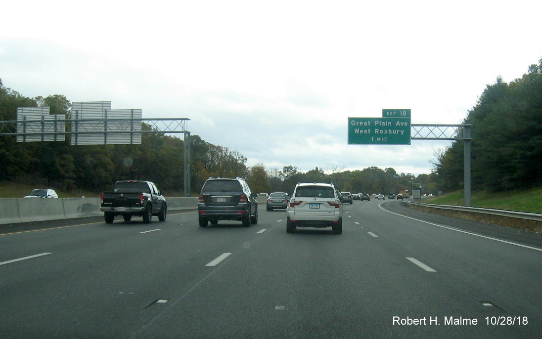 Image of opened four lanes of traffic on I-95 South approaching 1 mile advance sign for 
                                                   Great Plain Ave exit beyond southern end of Add-A-Lane Project work zone in Needham