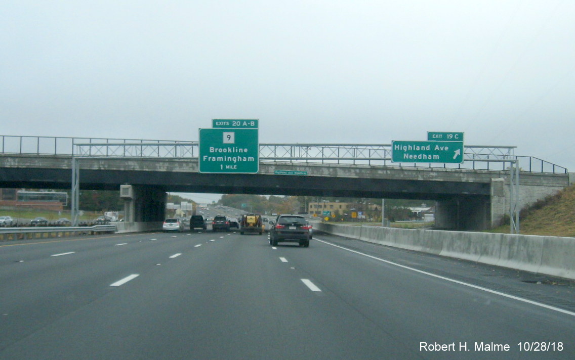 Image of four lanes of traffic approaching Highland Ave bridge on I-95 North in completed Add-A-Lane Project work zone in Needham
