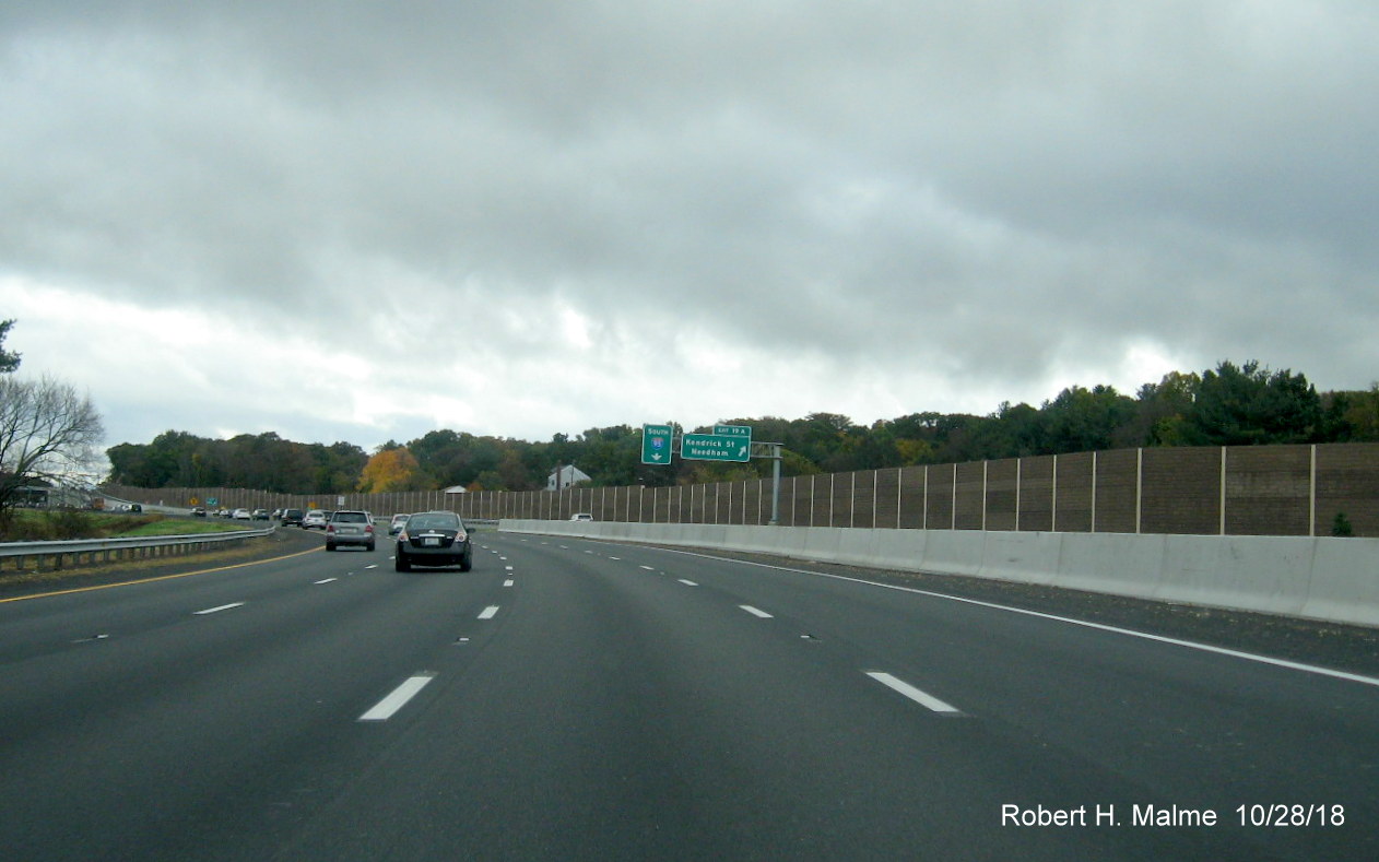 Image of opened four lanes on I-95 South between Highland Ave and Kendrick St in completed Add-A-Lane Project work zone in Needham