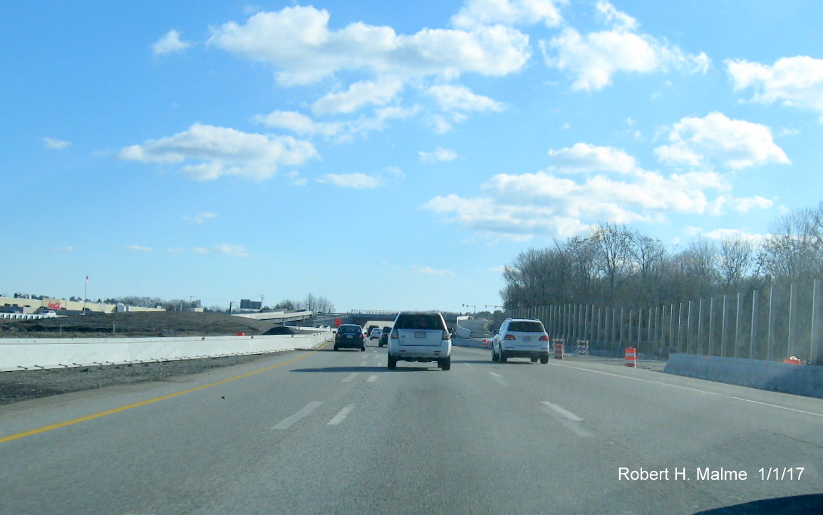Image of noise barrier construction along I-95/128 South in Add-A-Lane work zone in Needham