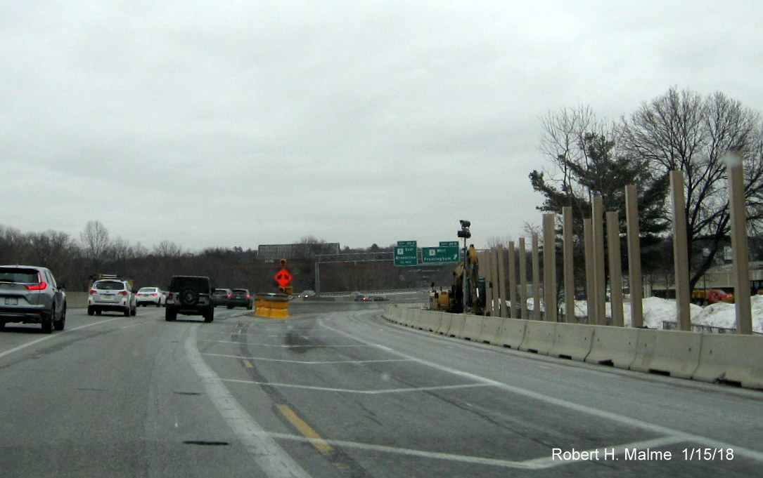 Image of new split in I-95 South traffic for MA 9 exit only lane ahead of new bridge on I-95 South in Wellesley