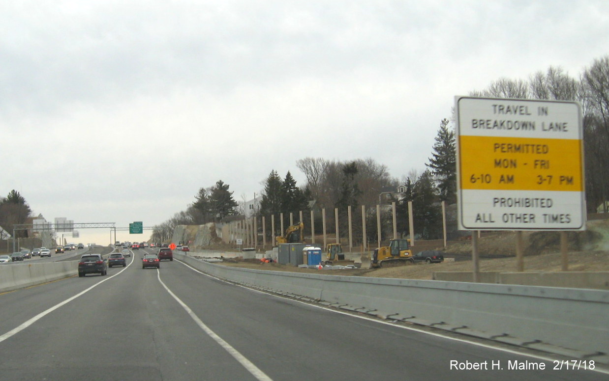 Image of noise wall barrier supports being installed along MA 9 on-ramp to I-95 South in Add-A-Lane Project work zone in Wellesley
