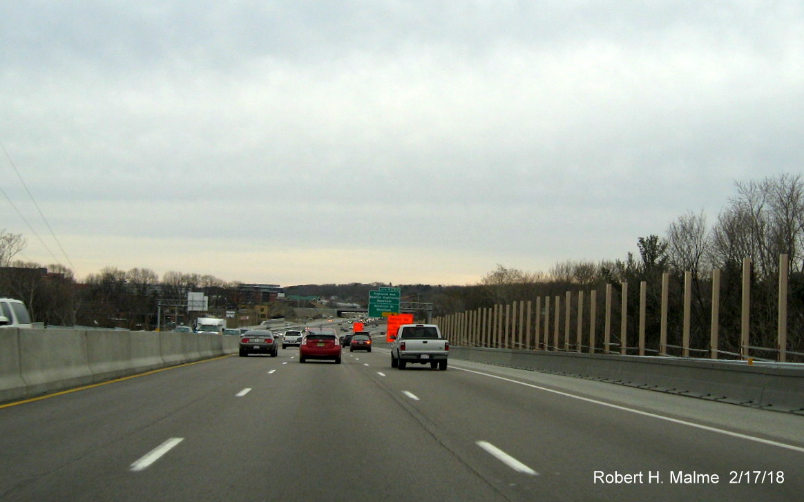 Image of noise barrier wall being constructed along I-95 South in Add-A-Lane Project work zone in Needham