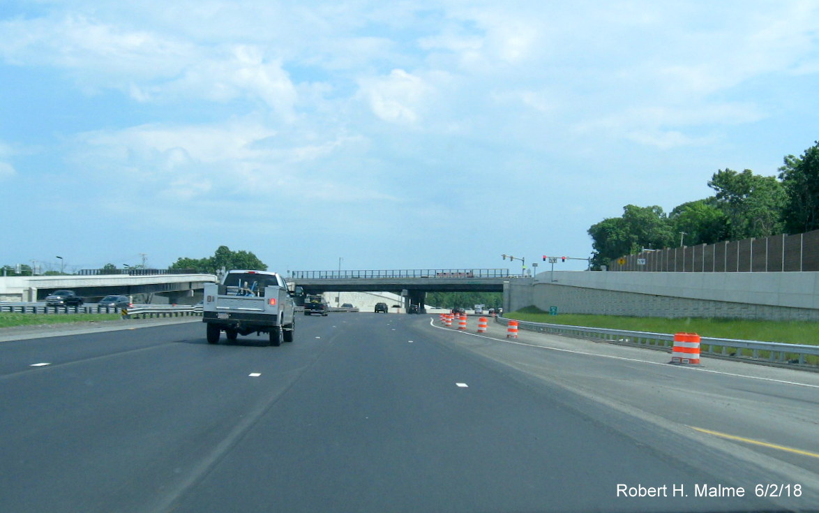 Image of right shoulder and exit on-ramp awaiting final paving on I-95 South in Add-A-Lane Project work zone in Needham
