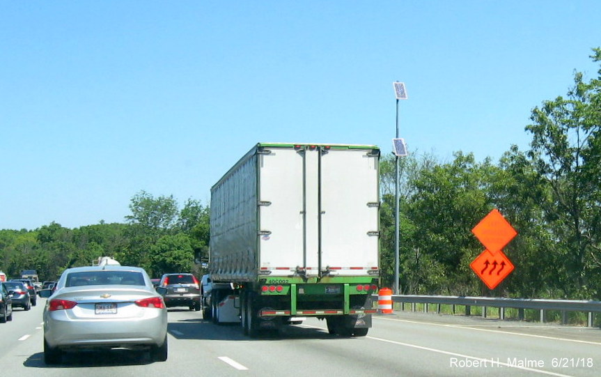 Image of new construction warning sign about lane shifts on I-95 North in Add-A-Lane Project work zone in Needham