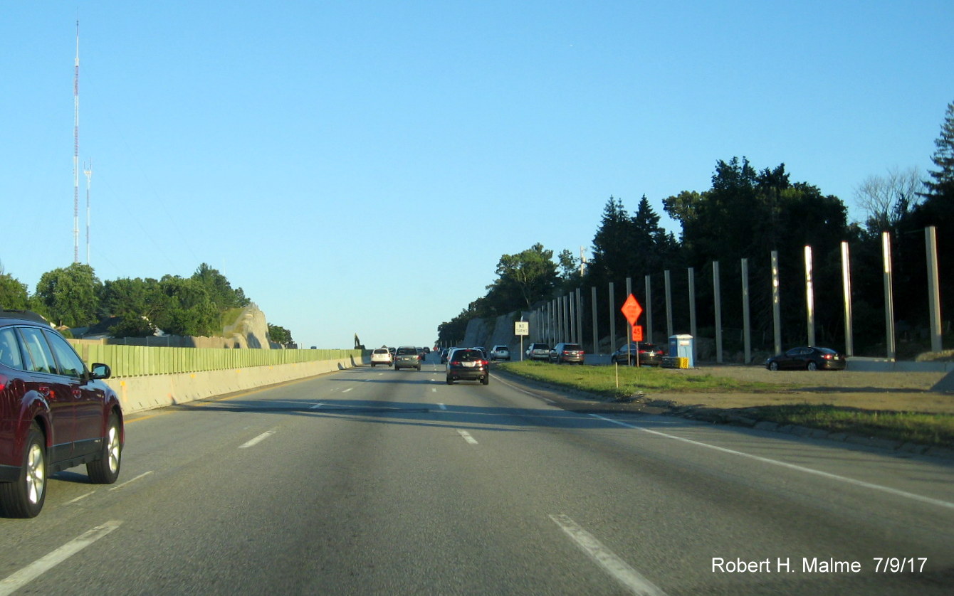 Image taken of sound barrier wall support posts being installed next to I-95 South lanes in Wellesley