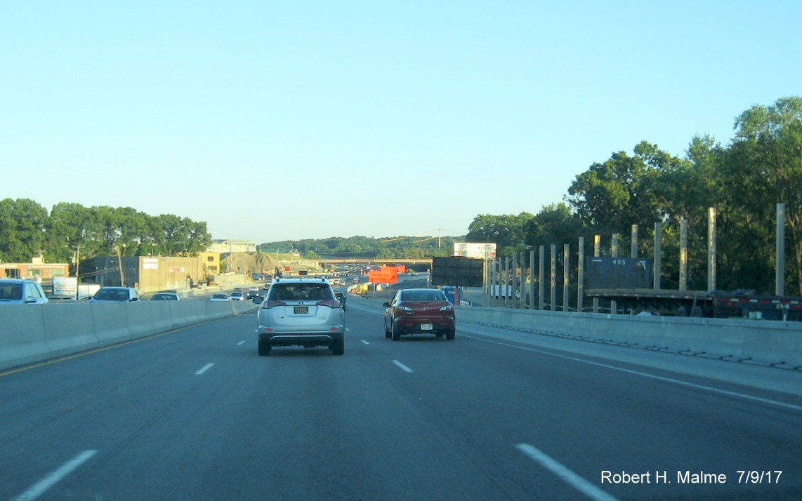 Image taken of construction taking place in Add-A-Lane work zone along I-95 South in Needham