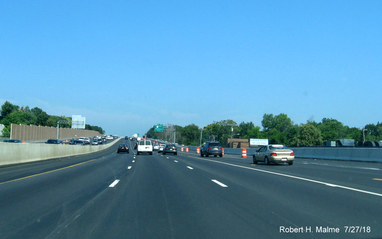 Image of construction progress on I-95 North at on-ramp from Highland Ave in Add-A-Lane Project work zone in Needham