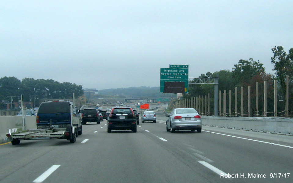 Image of new overhead exit sign for Highland Avenue and Kendrick St (covered over) on I-95 South in Needham