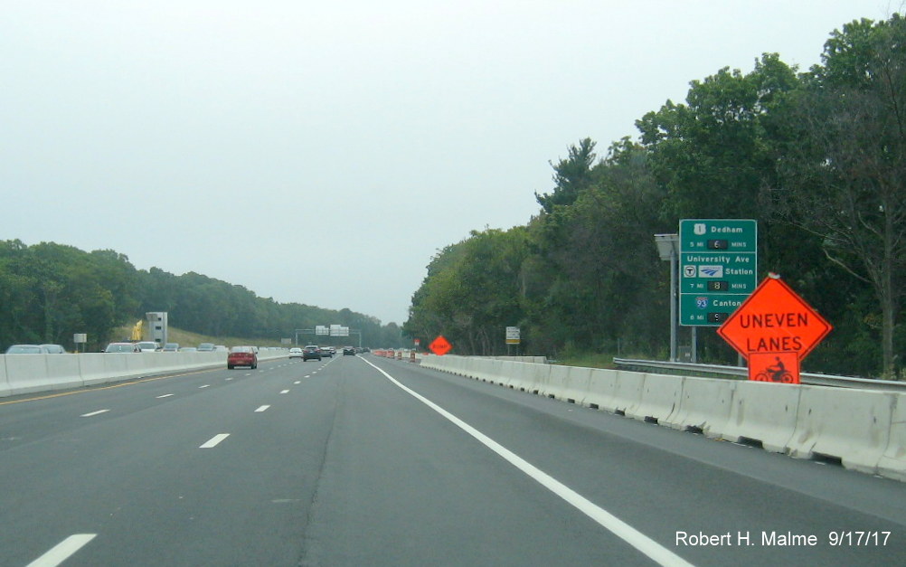 Image showing end of temporary barrier placement for shoulder drainage work along I-95 South in Add-A-Lane Project work zone in Needham