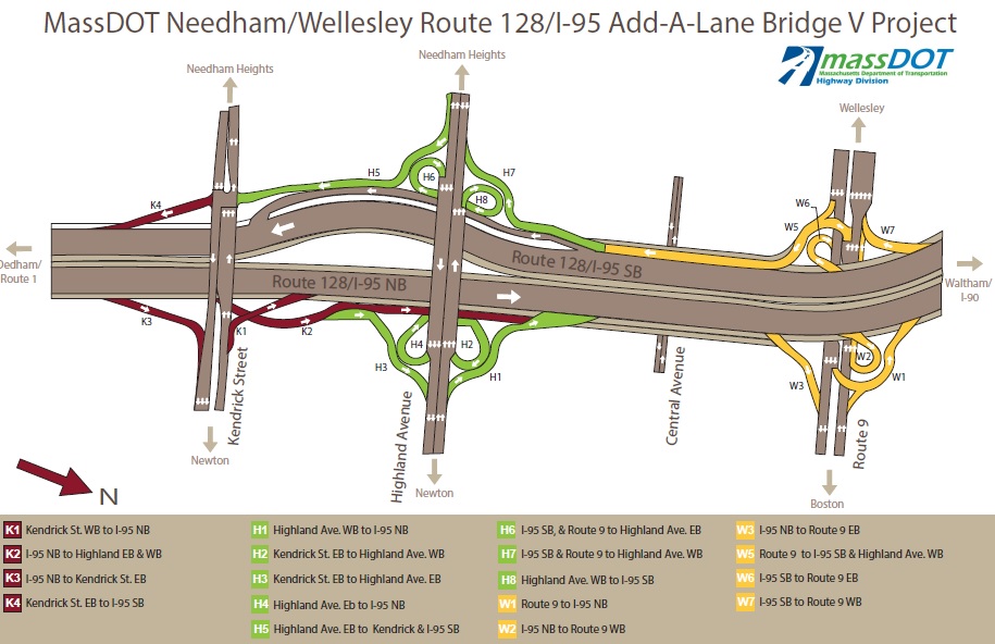 Diagram of ramps to be constructed along Needham portion of I-95 Add-A-Lane project, from MassDOT