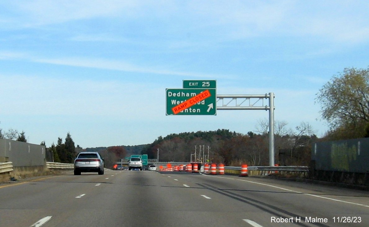 Image of recently placed overhead ramp sign for soon to open Dedham Street exit on I-95 North 
                                          in Canton, November 2023