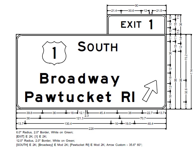 Image of MassDOT plan for US 1 exit ramp sign on I-95 South in Attleboro