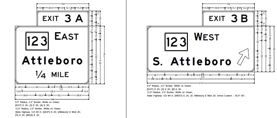 Image of MassDOT plan for overhead signage at ramp to MA 123 West on I-95 South in Attleboro