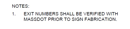 Image of note attached to MassDOT I-95 Sign Replacement Project plans suggesting a possible switch to mileage based exit numbers