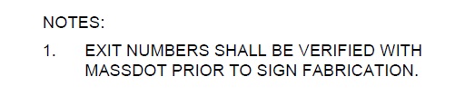 MassDOT note on I-95 sign plans indicating need to check on current numbers before sign manufacture