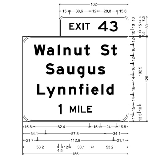 MassDOT plan for 1-mile advance overhead sign for Walnut Street exit on I-95 in Lynnfield