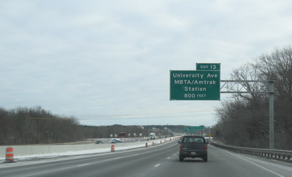 New interchange signage along I-95 South/US 1 North for 
University Ave./128 Railroad Station in Canton, Jan. 2010