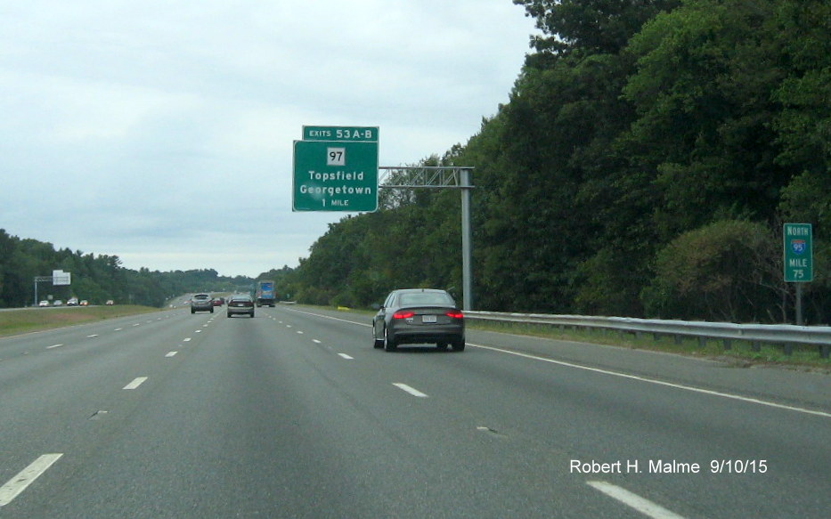 Image of new overhead 1 mile advance sign for MA 97 on I-95 North in Topsfield
