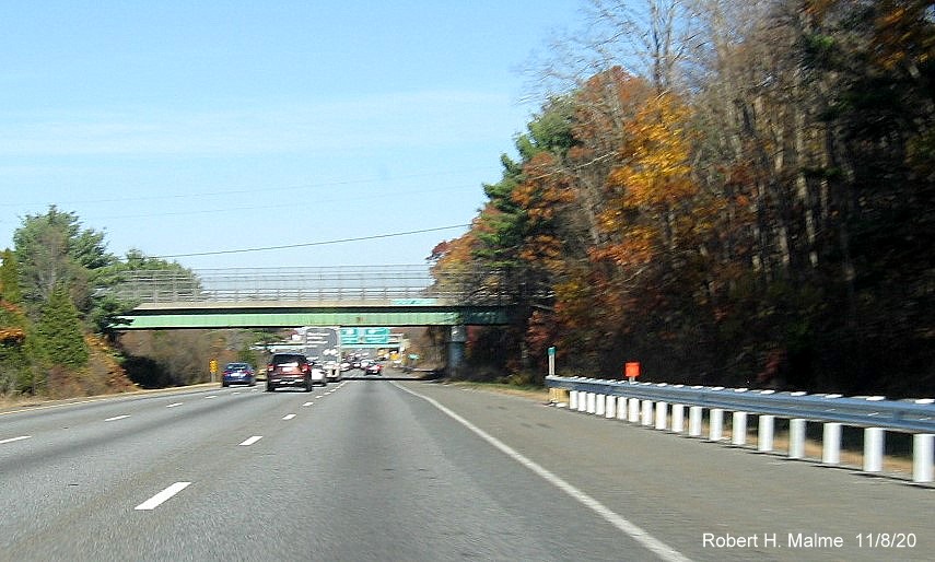 Image of orange contractor tag for future overhead sign for I-295 exit on I-95 North in Attleboro, November 2020