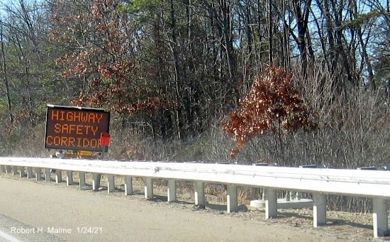 Image of sign foundation for future advance sign for MA 140 exit on I-95 South in Foxboro, January 2021