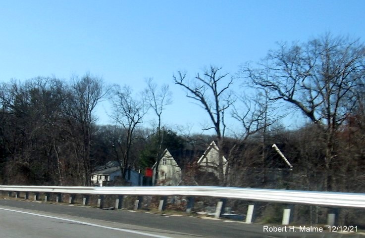 Image of recently placed foundation for future overhead advance sign along I-95/MA 128 South in Wakefield, December 2021