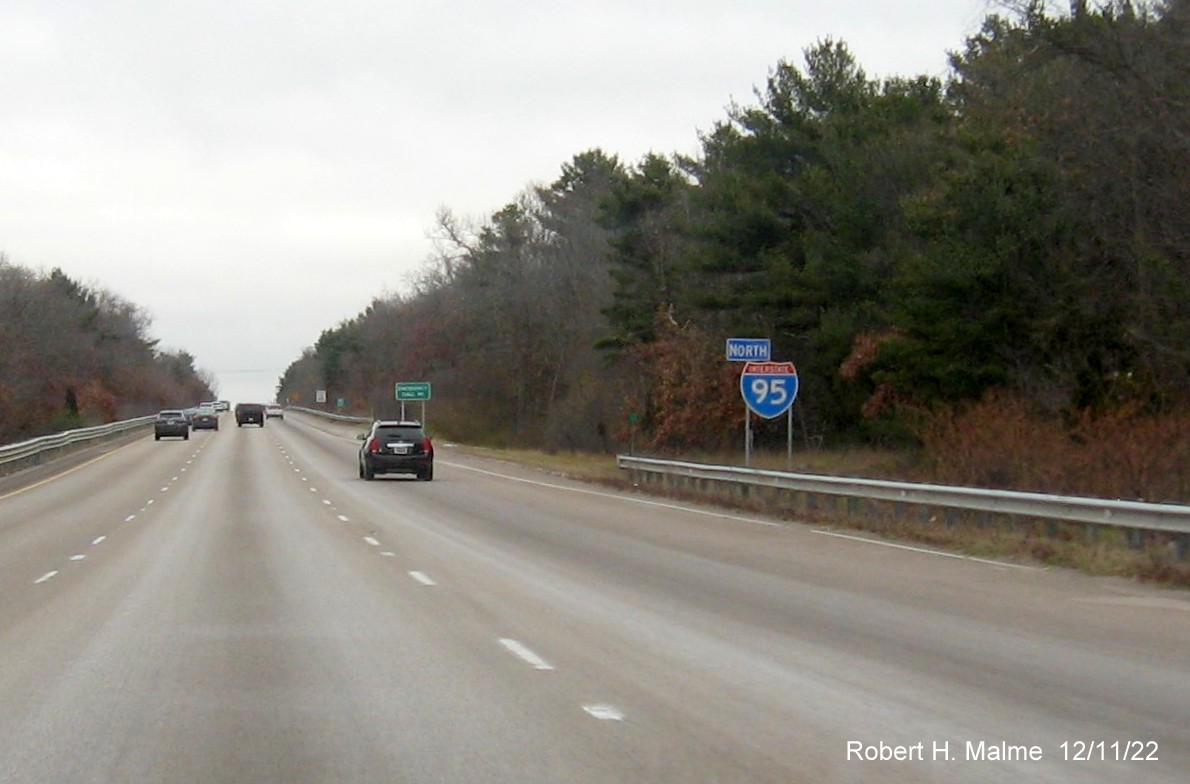 Image of still standing large shield North I-95 reassurance marker after MA 140 interchange in Foxboro, December 2022