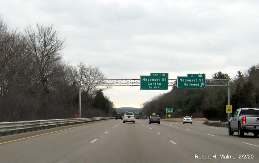 Image of contractor tag along left lane of I-95 South in Westwood for future overhead sign placement at first Neponset Street exit