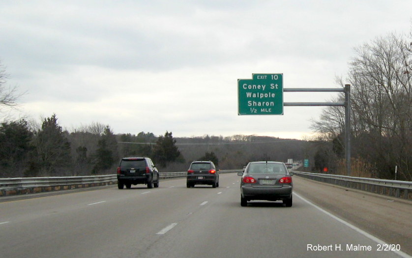 Image of orange contractor tag for future site of overhead 1/2 mile advance sign for Coney Street exit on I-95 South in Sharon
