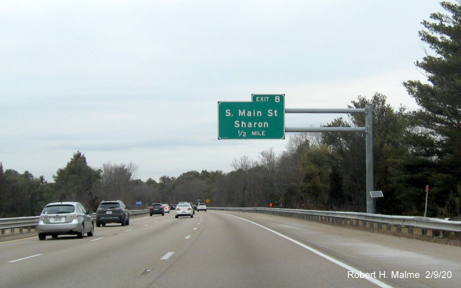 Image of orange contractor tag marking future location of 1/2 mile overhead sign for South Main Street exit on I-95 North in Foxboro