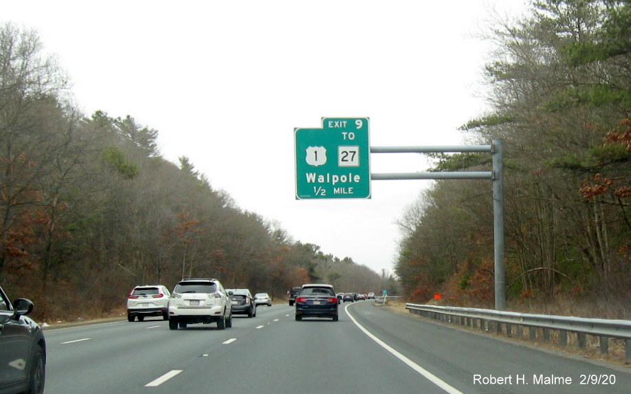 Image of orange contractor tag marking future location of 1/2 mile advance overhead sign for US 1 to MA 27 exit on I-95 North in Sharon