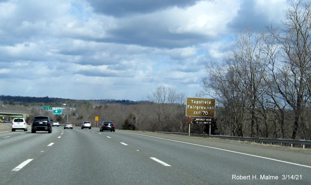 Image of brown auxiliary sign for US 1 exit with new milepost based exit number on I-95 North in Danvers, March 2021
