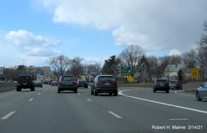 Image of gore sign for I-93 South exit with new milepost based exit number and yellow Old Exit 37A advisory sign below on I-95/MA 128 South in Woburn, March 2021