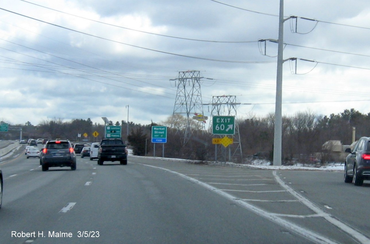 Image of recently placed gore sign for the Salem Street exit on
                                     I-95/MA 128 North in Wakefield, March 2023