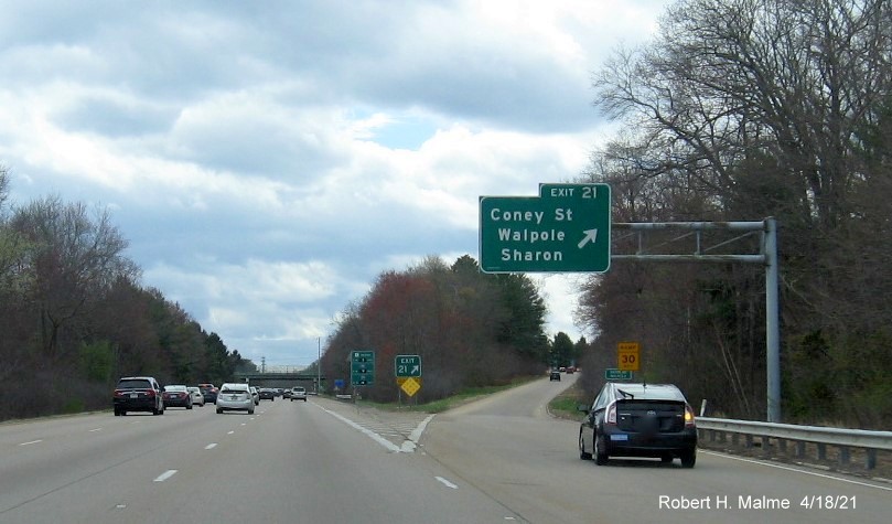 Image of overhead ramp sign for Coney Street exit with new milepost based exit number on I-95 South in Sharon, April 2021