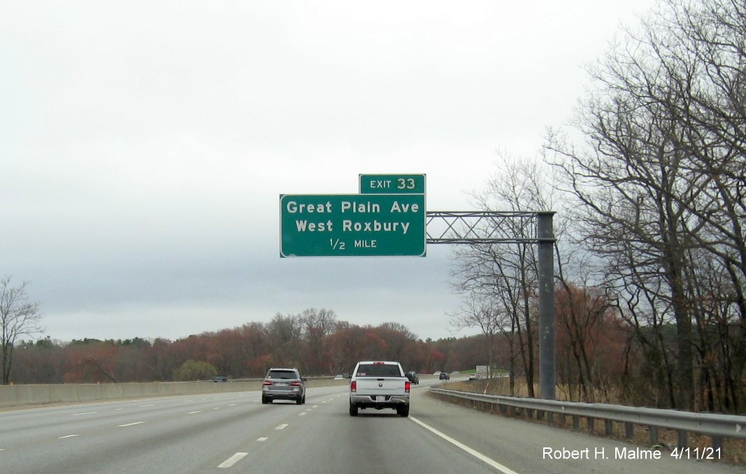 Image of 1/2 Mile advance sign for Great Plain Avenue exit with new milepost based exit number on I-95/MA
                                           128 South in Needham, April 2021