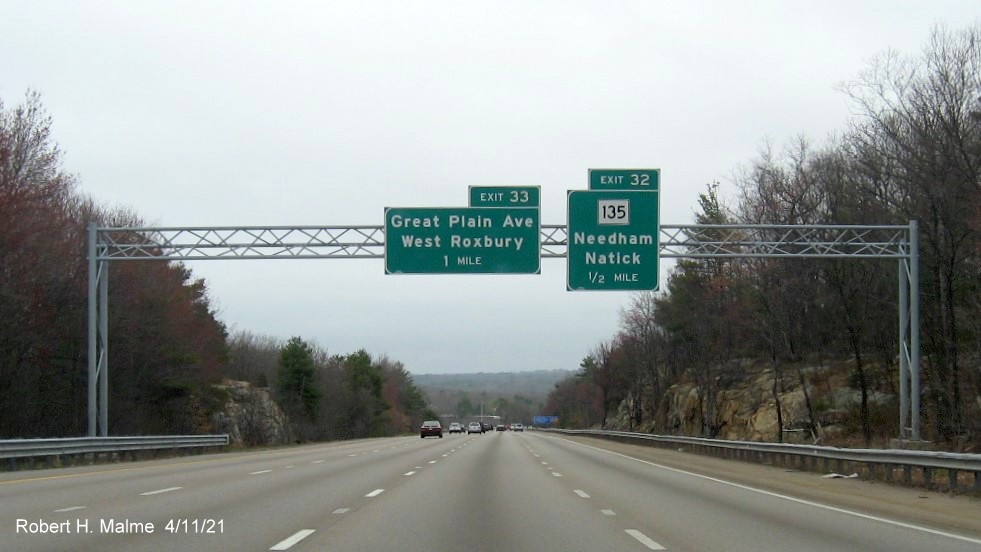 Image of 1 Mile advance sign for Great Plain Avenue exit with new milepost based exit number on I-95/MA
                                           128 North in Dedham, April 2021