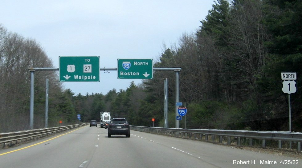 Image of new support posts for future guide signage approaching I-95 North ramp on US 1 North in Sharon, April 2022