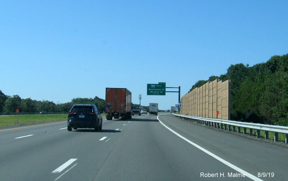 Image of orange contractor tag marking future site of 1/2 mile advance overhead sign for I-295 South exit on I-95 South in Attleboro