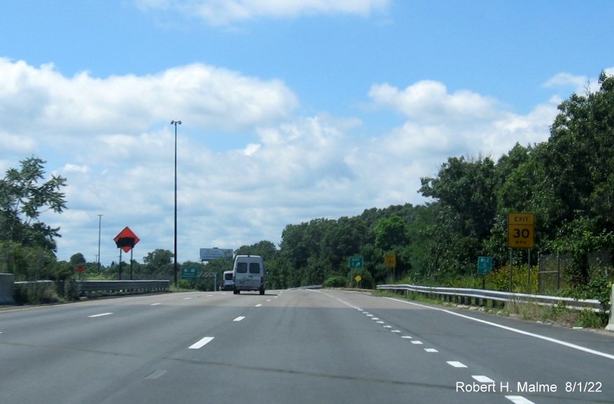 Image of contractor tag marking future site of US 1 South exit overhead ramp sign on I-95 South in Attleboro, August 2022