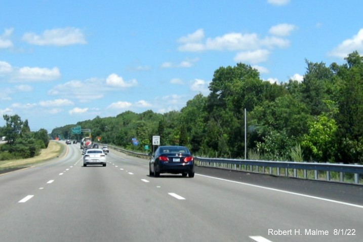 Image of support post for future North I-95 reassurance marker following MA 123 exit in Attleboro, August 2022