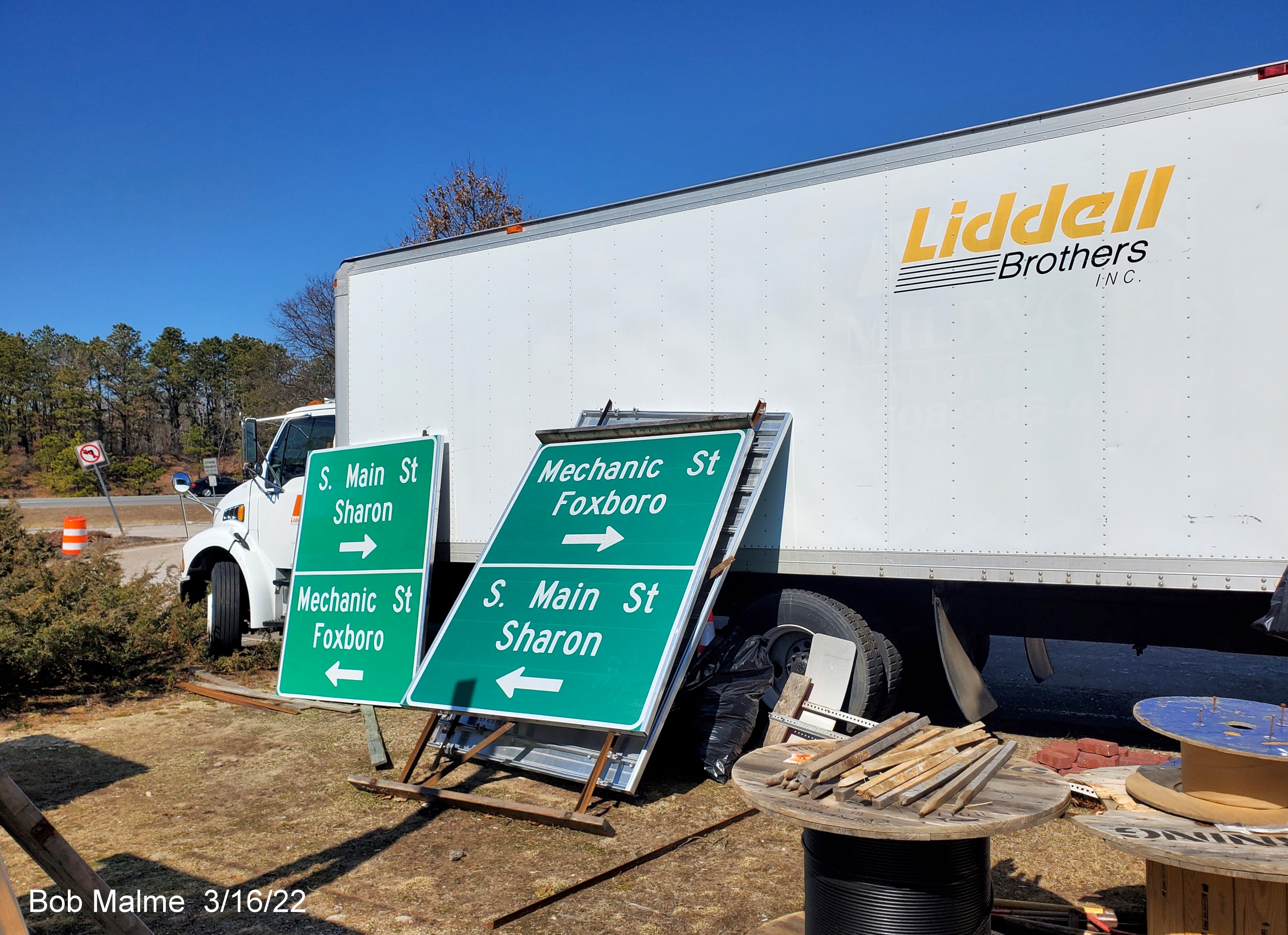 Image of a ground mounted signs for I-95 Sign Replacement Project being stored at Mansfield Rest Area, March 2022