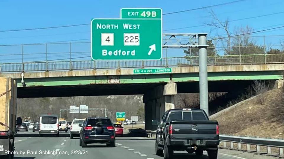 Image of overhead ramp sign for MA 4 North/MA 225 West exit with new milepost based exit number on I-95/MA 128 North in Lexington, by Paul Schlichtman, March 2021